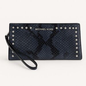 Michael Kors Blue Snakeskin Leather Studded Wristlet Clutch Wallet